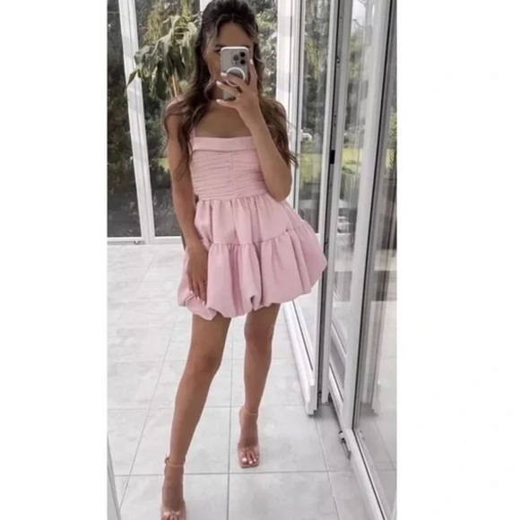 ZARA DRAPED BALLOON MINI DRESS WEDDING GUEST BEIGE PINK SMALL 3435/324 - Picture 5 of 9